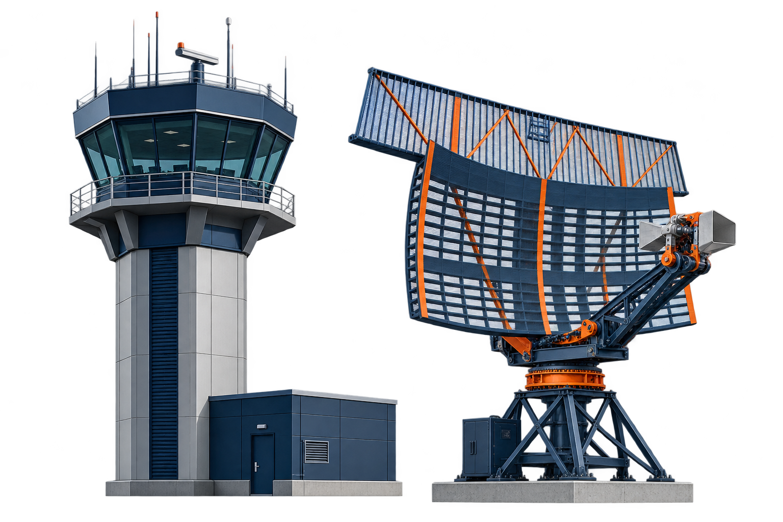 Airport control tower and open curved primary-surveillance radar with front-mounted LNB feed assembly