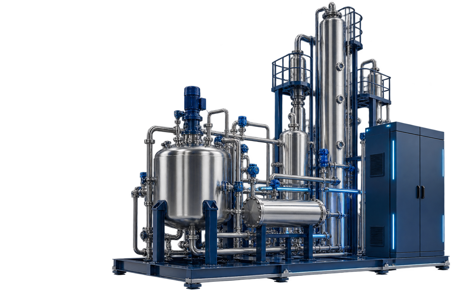 Chemical process plant with reaction vessels and industrial control cabinet