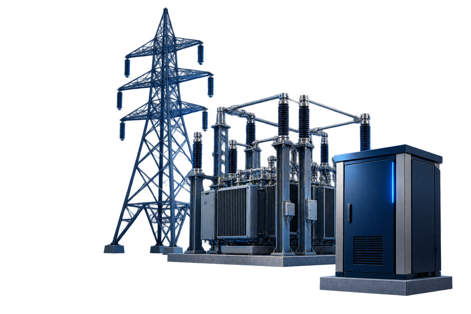 Electricity transmission pylon, electrical substation and smart-grid control cabinet