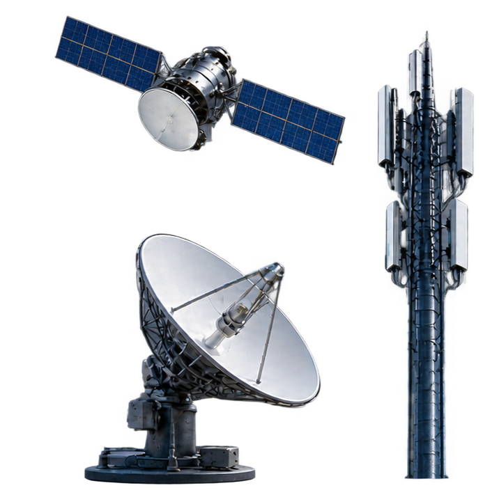 Cellular radio tower, satellite ground station and communications satellite
